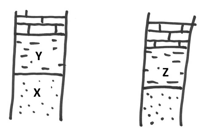 Two stratigraphic columns with sandstone on bottom, then shale, then limeston. X is in the sandstone on the left, Y is in the shale on the left, and Z is in the shale on the right.